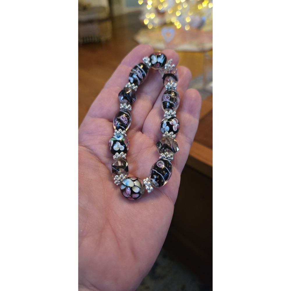 Cloisonne Bracelet Vintage Black Floral Lucite Bead